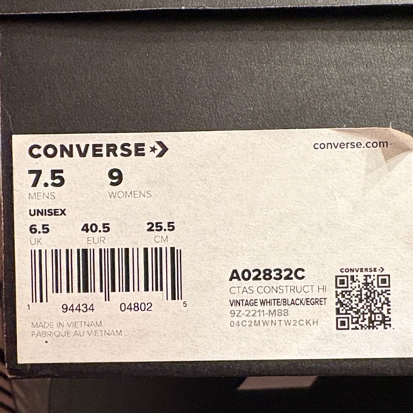 Converse Construct HI Vintage Unisex White / Black / Egret Size 7.5M 9F - Picture 10 of 10